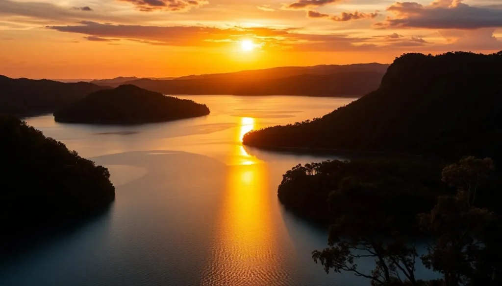 Sunset over Five Blues Lake with the water reflecting golden light and the five shades of blue still visible