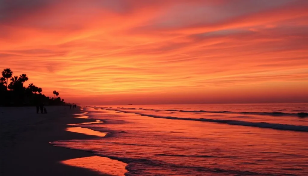 Sunset over Folly Beach with colorful sky and silhouettes of palm trees