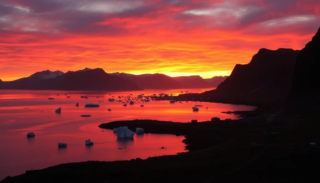 Sunset over Foulk Fjord with icebergs and the abandoned settlement of Etah, Greenland Sunset over Foulk Fjord with icebergs and the abandoned settlement of Etah, Greenland