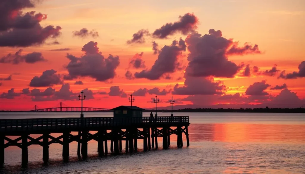 Sunset over Galveston Bay from La Porte Texas showing silhouette of fishing pier