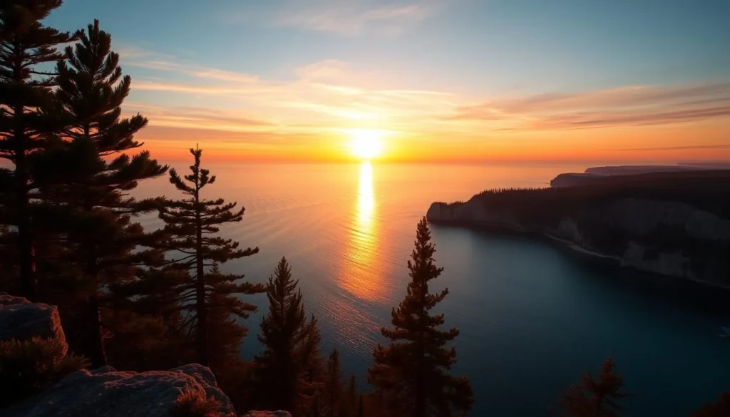 Sunset over Georgian Bay from a cliff viewpoint at Bruce Peninsula National Park Sunset over Georgian Bay from a cliff viewpoint at Bruce Peninsula National Park