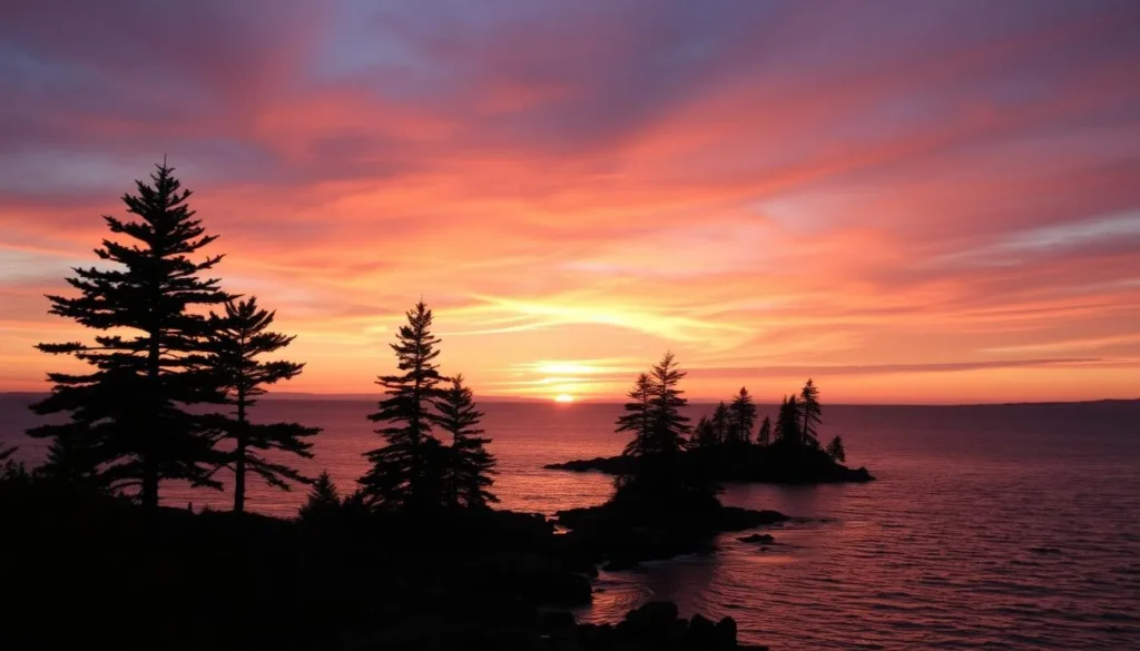 Sunset over Georgian Bay with silhouetted pine trees and orange-pink sky