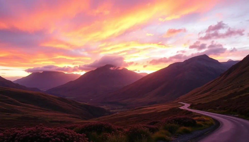 Sunset over Glencoe valley with golden light illuminating the mountains
