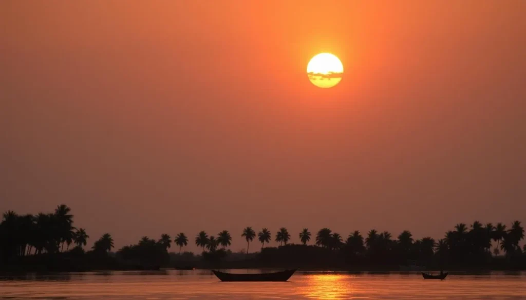 Sunset over Grijalva River in Tabasco with palm trees and boats