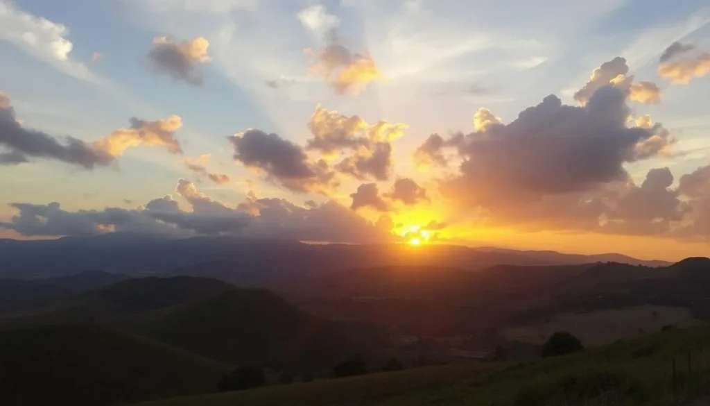 Sunset over Guadalupe Colombia countryside with mountains in background