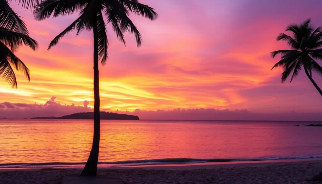 Sunset over Hell-Ville (Nosy Be), Madagascar beach with palm trees silhouetted against orange sky