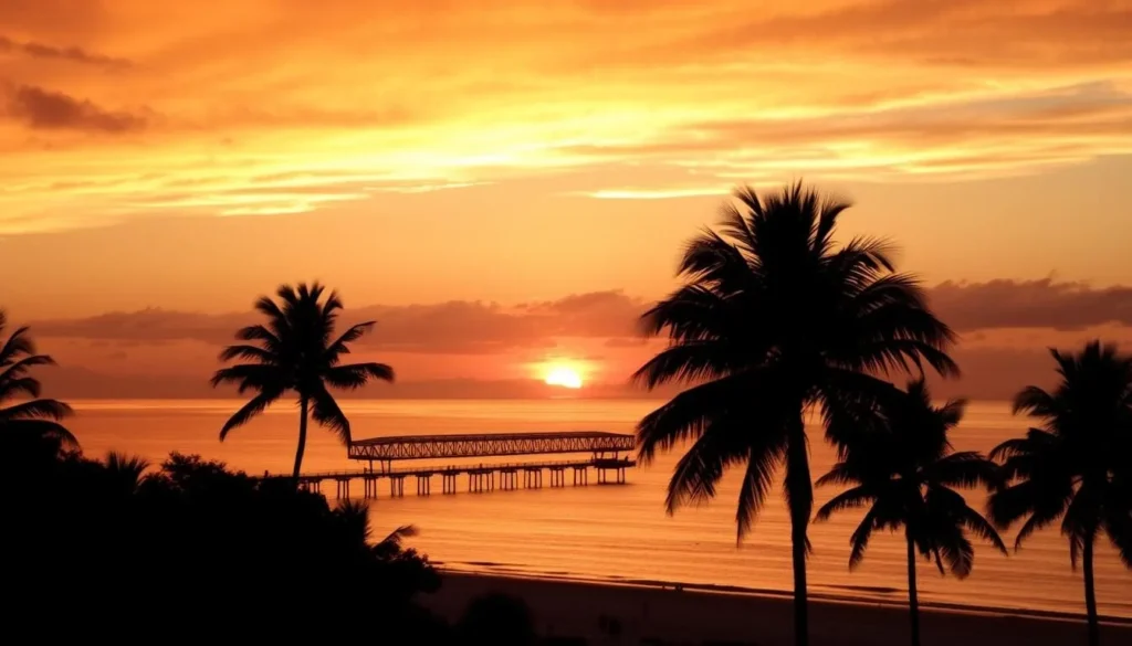 Sunset over Hervey Bay with silhouettes of palm trees and calm ocean Sunset over Hervey Bay with silhouettes of palm trees and calm ocean