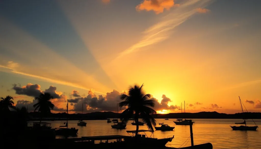 Sunset over Honiara harbor with silhouettes of palm trees and boats