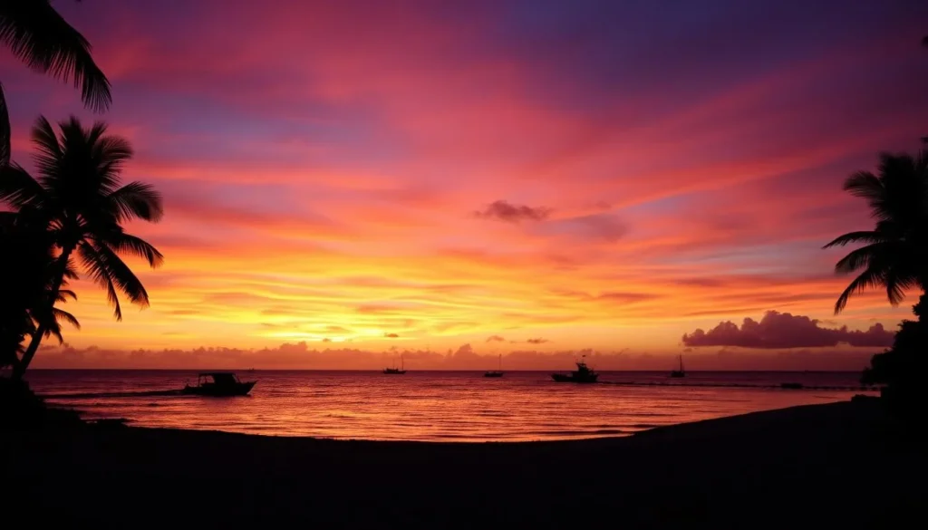 Sunset over Hopkins Village Beach with palm trees silhouetted against an orange sky