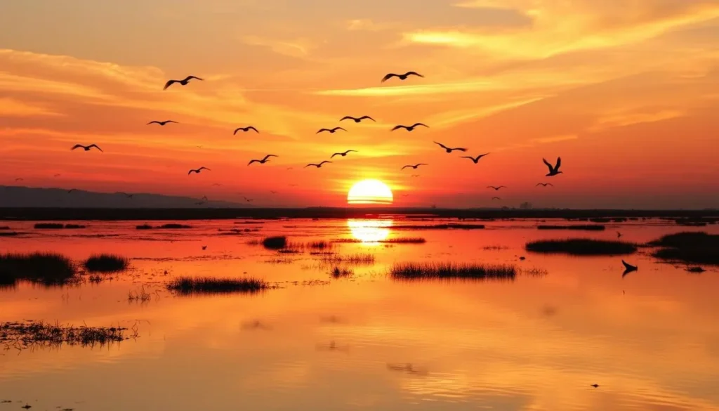 Sunset over Ibera wetlands with silhouettes of birds flying across orange and pink sky