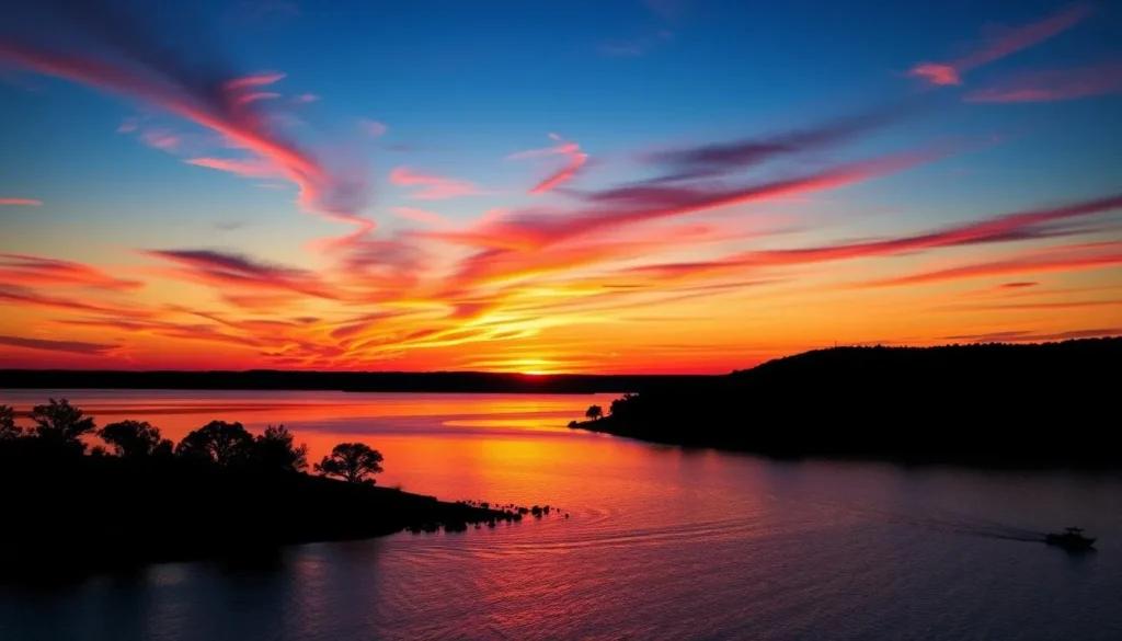 Sunset over Inks Lake State Park, Texas with silhouettes of trees and boats on the water