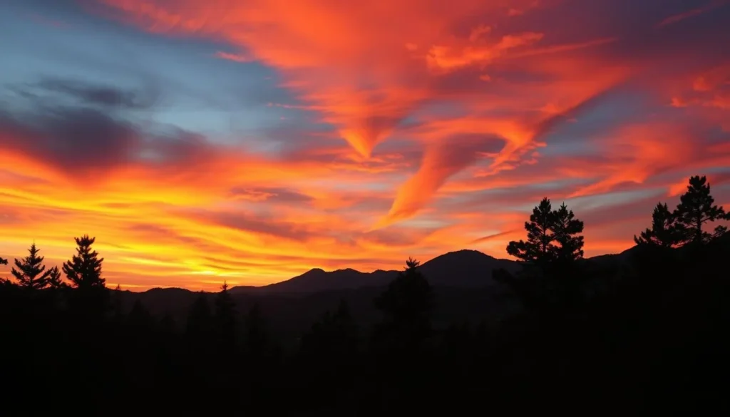 Sunset over Insurgente Jose Maria Morelos y Pavon National Park showing silhouettes of pine forests Sunset over Insurgente Jose Maria Morelos y Pavon National Park showing silhouettes of pine forests