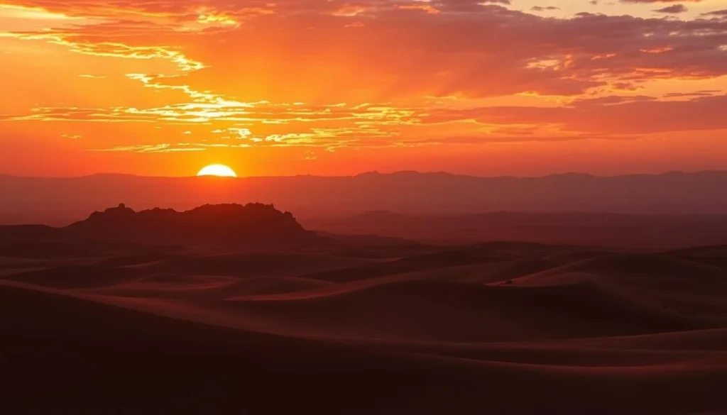 Sunset over Iriqui National Park with golden light illuminating the dunes
