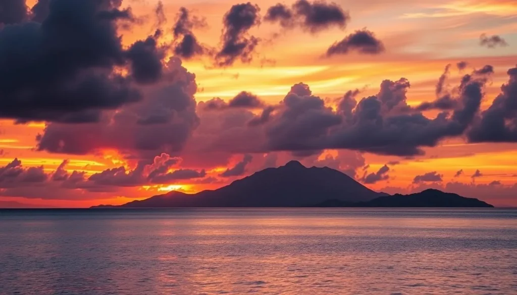 Sunset over Isla Cerralvo (Jacques Cousteau Island) with silhouette of mountains