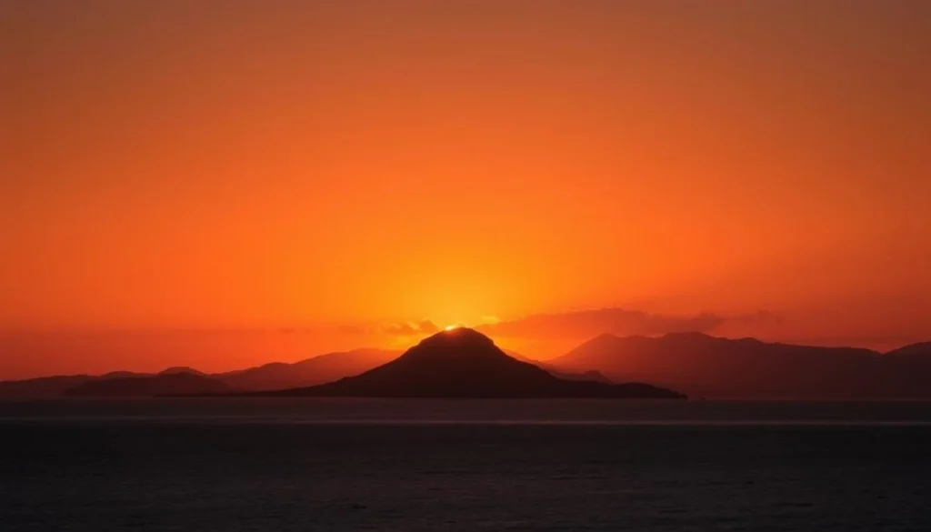 Sunset over Isla Monserrate with silhouettes of mountains and calm waters