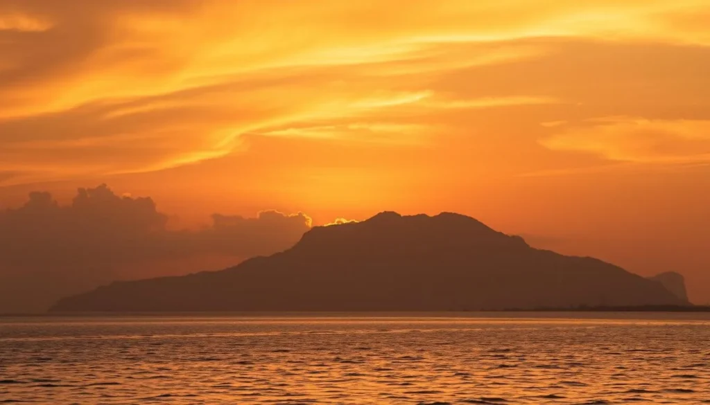 Sunset over Isla Partida, Mexico with golden light reflecting on calm waters