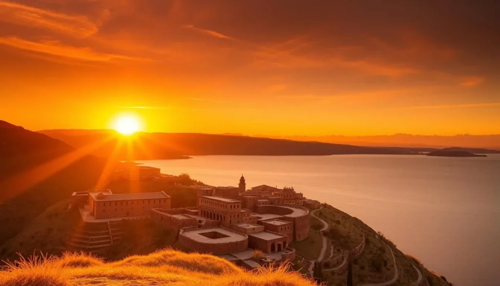 Sunset over Isla del Sol with golden light illuminating the landscape