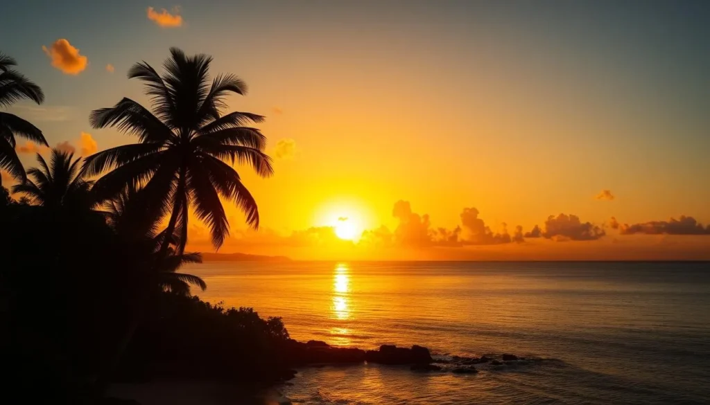 Sunset over Jamaica's coastline with silhouettes of palm trees