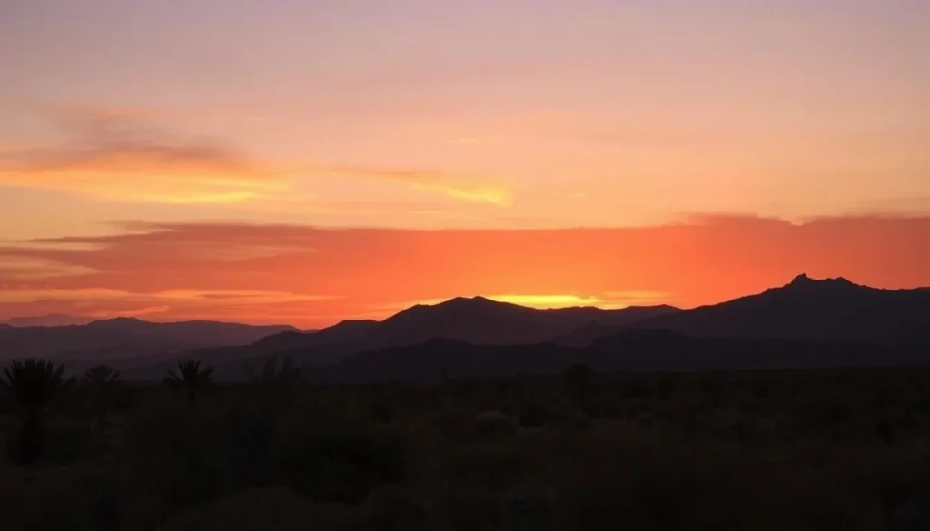 Sunset over Jebel Orbata National Park showing the mountain silhouette against colorful sky