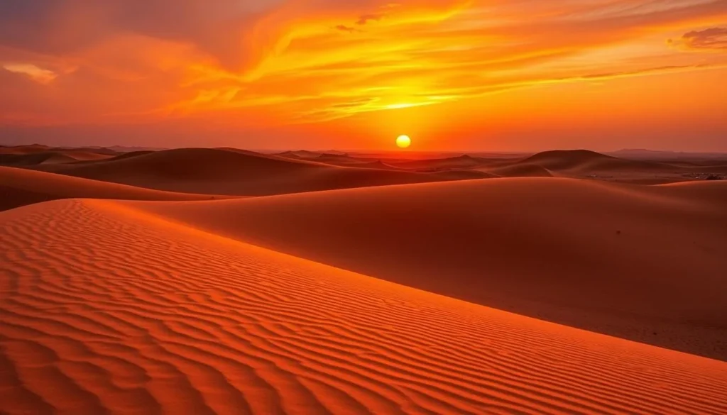 Sunset over Jebil National Park with orange and purple hues illuminating the desert landscape