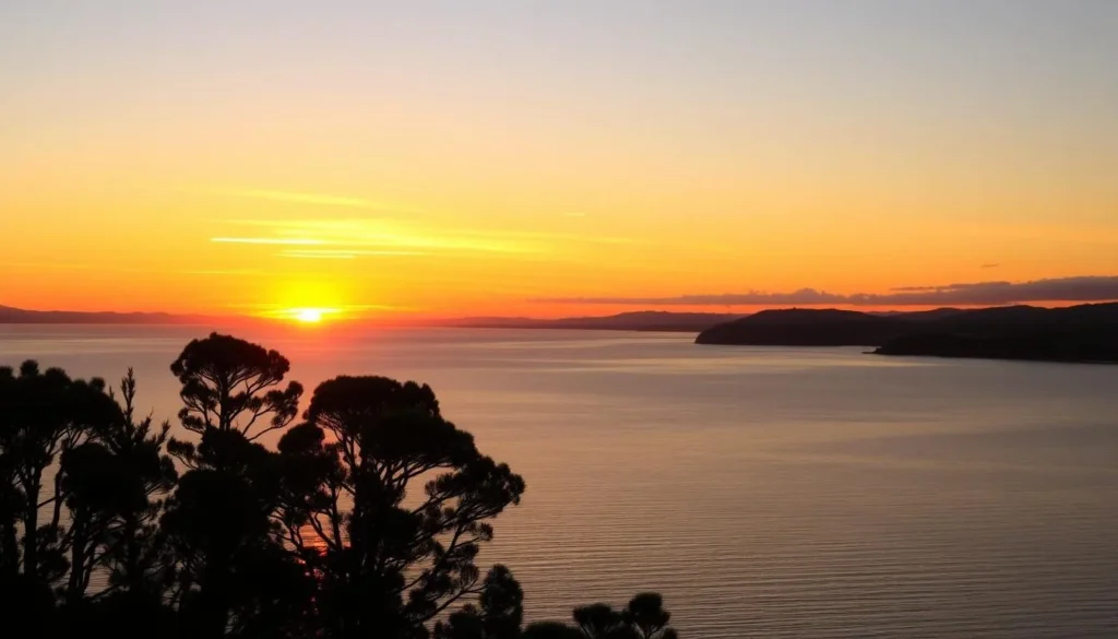 Sunset over Jervis Bay in Shoalhaven with silhouettes of trees Sunset over Jervis Bay in Shoalhaven with silhouettes of trees