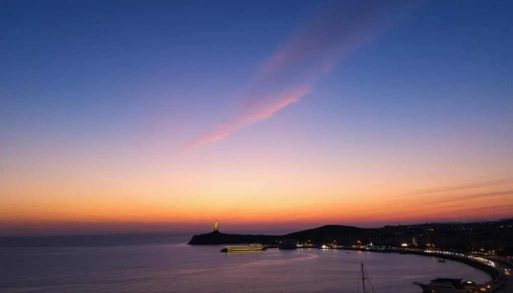 Sunset over Jounieh Bay with the illuminated Our Lady of Lebanon statue visible on the hilltop of Harissa Sunset over Jounieh Bay with the illuminated Our Lady of Lebanon statue visible on the hilltop of Harissa
