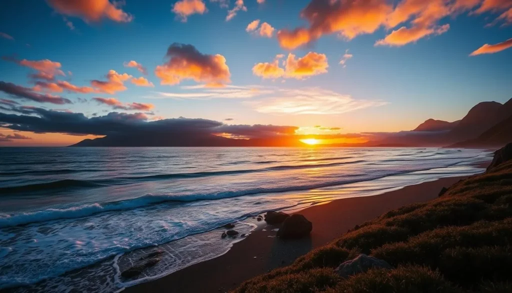 Sunset over Kaikoura Peninsula with mountains, ocean, and coastline visible