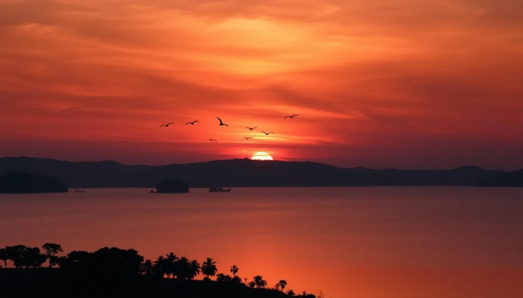 Sunset over Kala Wewa reservoir with silhouettes of birds flying