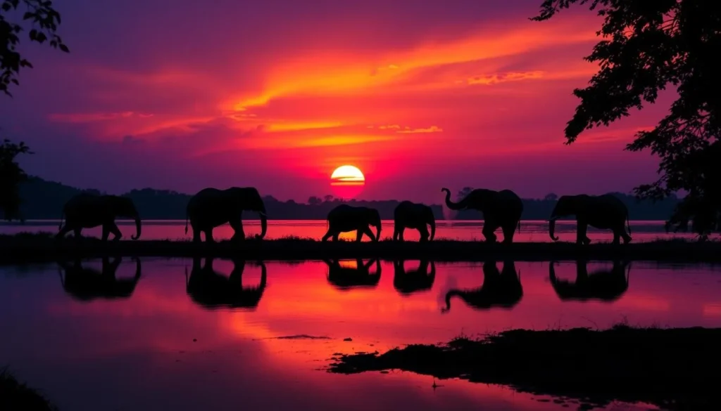 Sunset over Kaudulla reservoir with elephants silhouetted against the golden sky in Sri Lanka