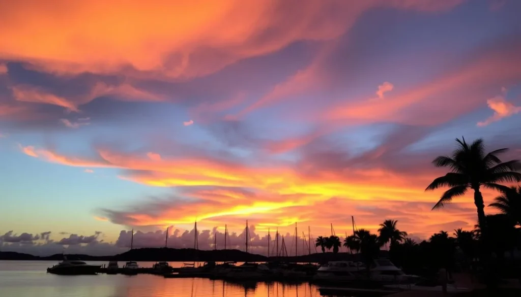 Sunset over Keppel Bay with silhouettes of palm trees and boats in the marina Sunset over Keppel Bay with silhouettes of palm trees and boats in the marina