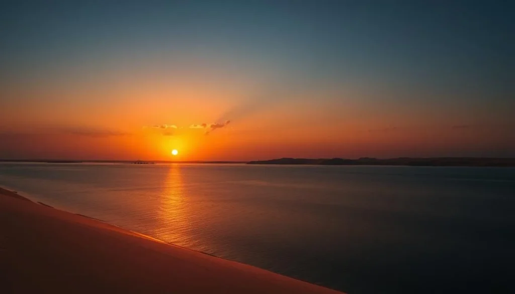 Sunset over Khawr al Udayd with golden light reflecting on the inland sea