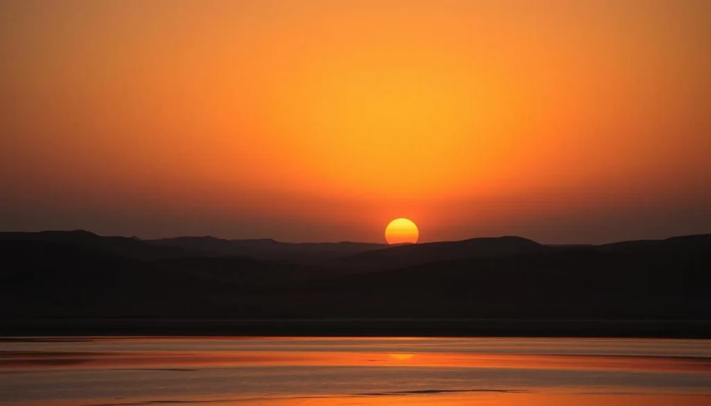 Sunset over Khenifiss National Park with silhouettes of dunes and the lagoon
