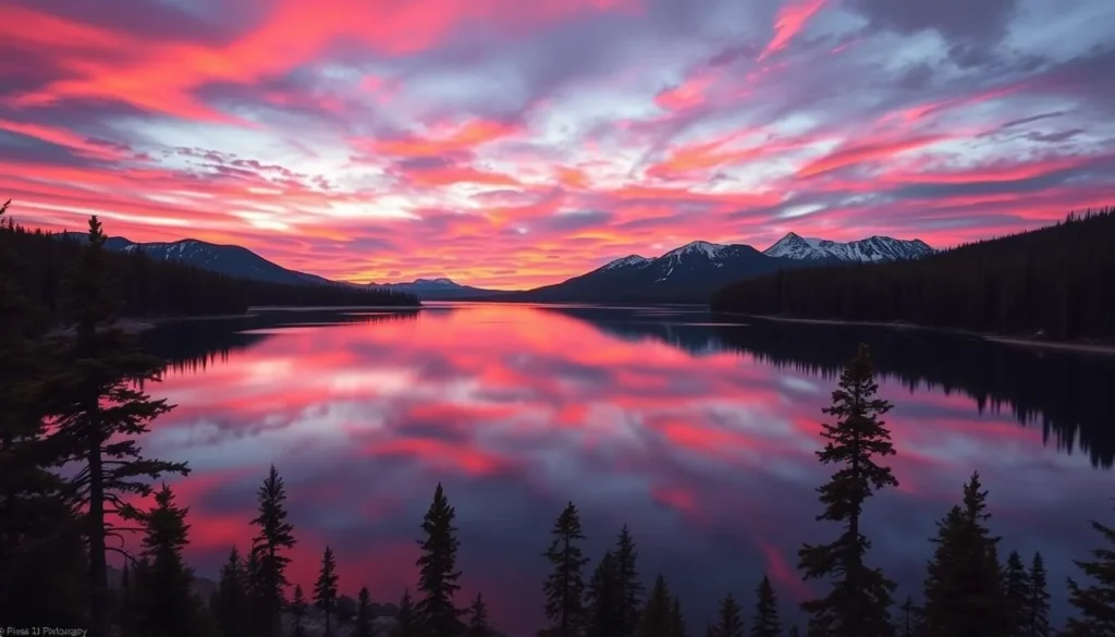 Sunset over Killarney Provincial Park with silhouetted pine trees and pink and orange sky reflecting in a lake