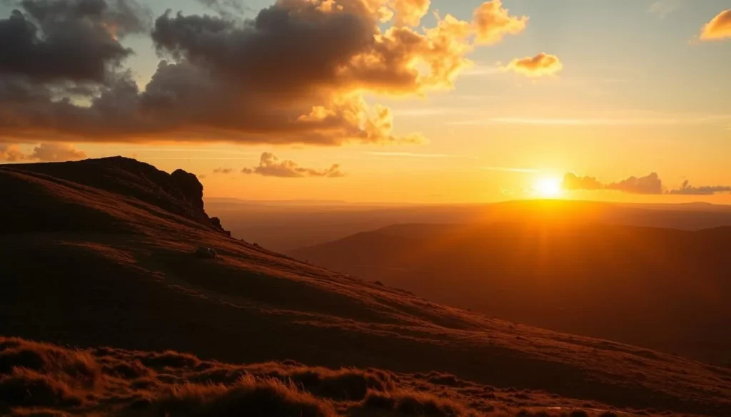 Sunset over Kinder Scout with dramatic sky in the Peak District Sunset over Kinder Scout with dramatic sky in the Peak District