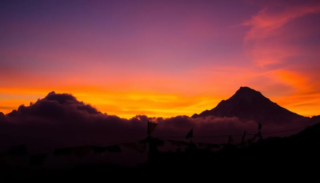 Sunset over Kula Kangri with prayer flags in foreground