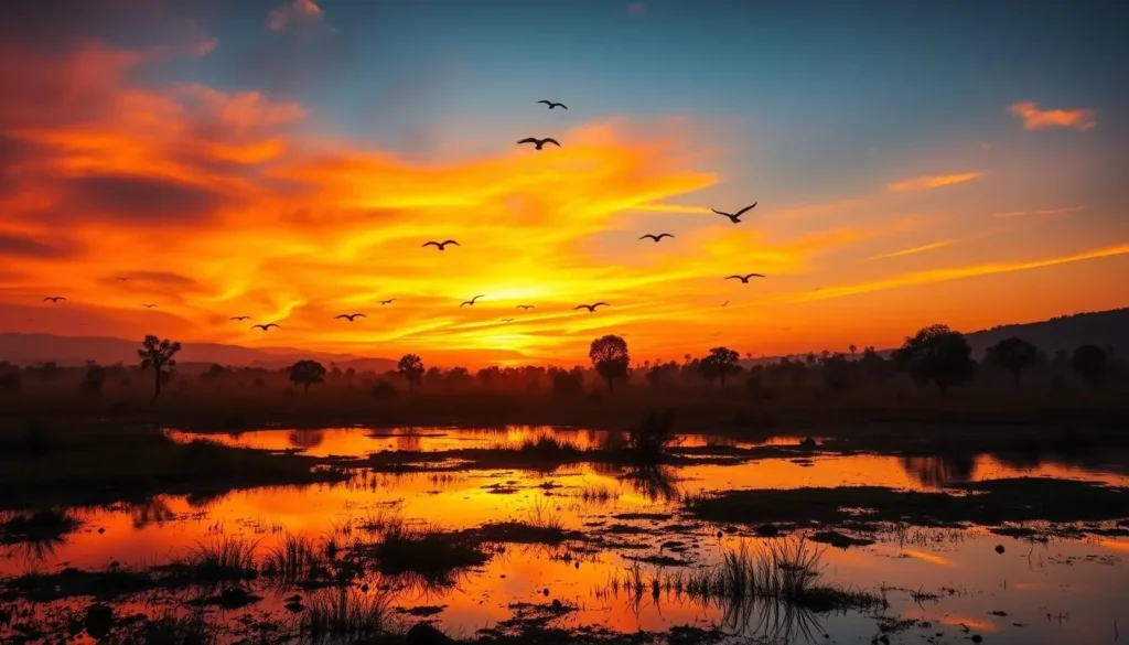 Sunset over Kumana National Park wetlands with silhouettes of birds in flight