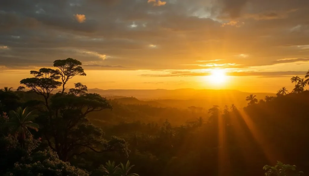 Sunset over Kutai National Park rainforest canopy
