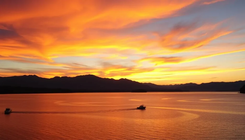 Sunset over Lake Chelan with mountains silhouetted against an orange and purple sky