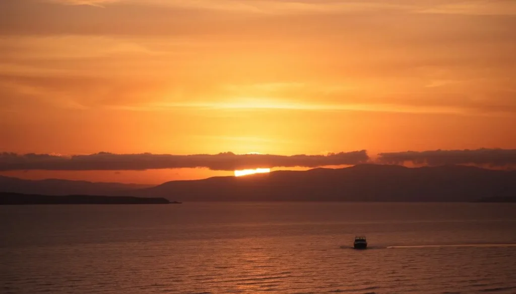 Sunset over Lake Donjon with silhouettes of mountains creating a magical atmosphere Sunset over Lake Donjon with silhouettes of mountains creating a magical atmosphere