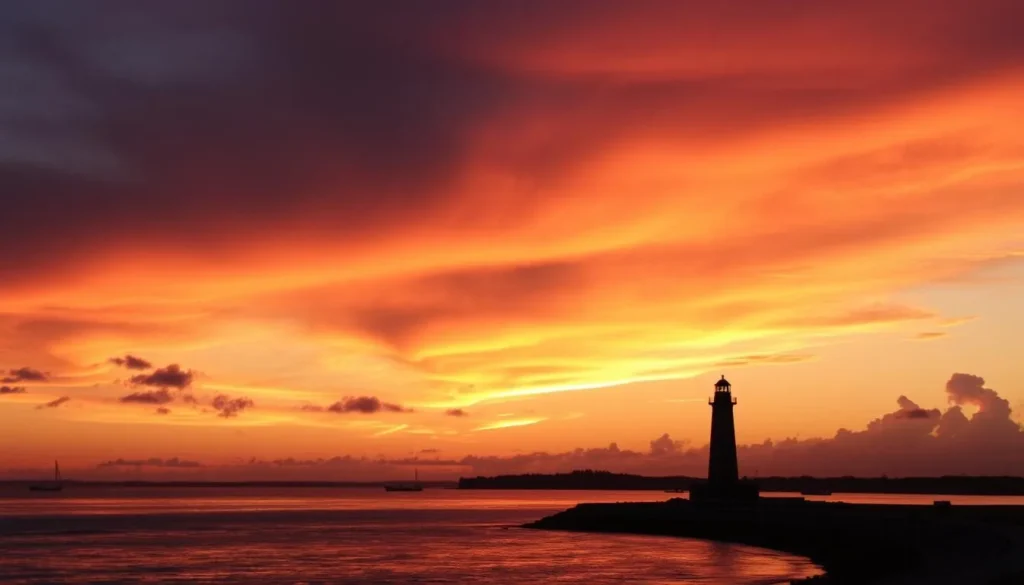 Sunset over Lake Erie with lighthouse silhouette