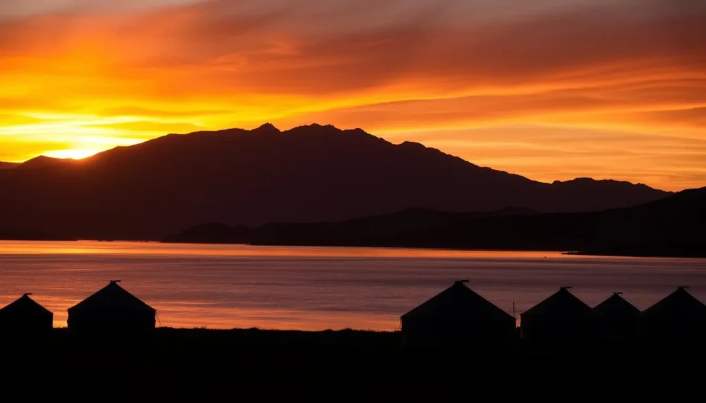Sunset over Lake Khubsugul with silhouettes of mountains and traditional gers on the shore