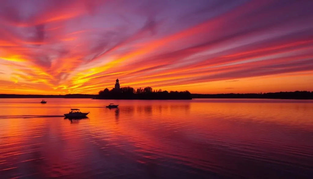 Sunset over Lake Kimry with the silhouette of the bell tower and boats returning to shore