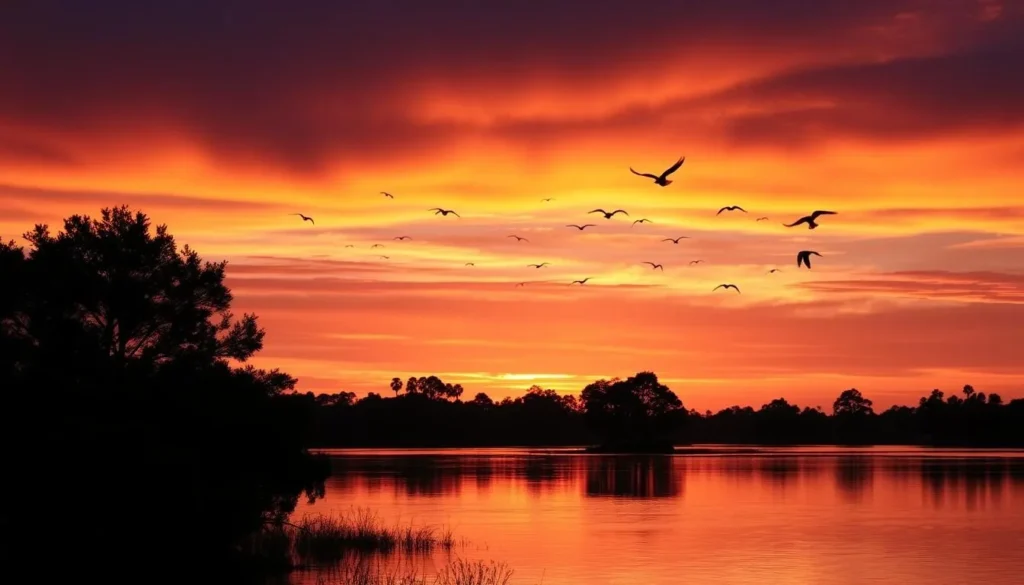 Sunset over Lake Kissimmee with silhouettes of cypress trees and birds flying