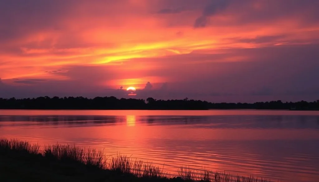 Sunset over Lake Manatee with silhouettes of trees along shoreline Sunset over Lake Manatee with silhouettes of trees along shoreline