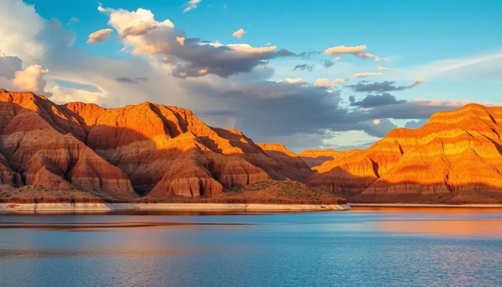 Sunset over Lake Meredith with golden light illuminating the canyon walls and reflecting on the water