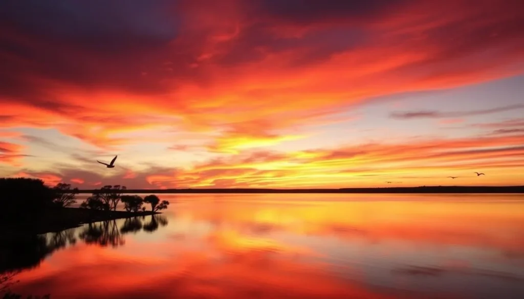 Sunset over Lake Moondarra with silhouettes of trees and birds against an orange sky