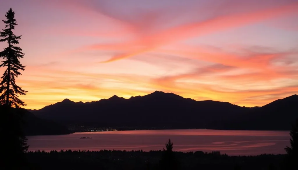 Sunset over Lake Nahuel Huapi with Bariloche city lights beginning to twinkle