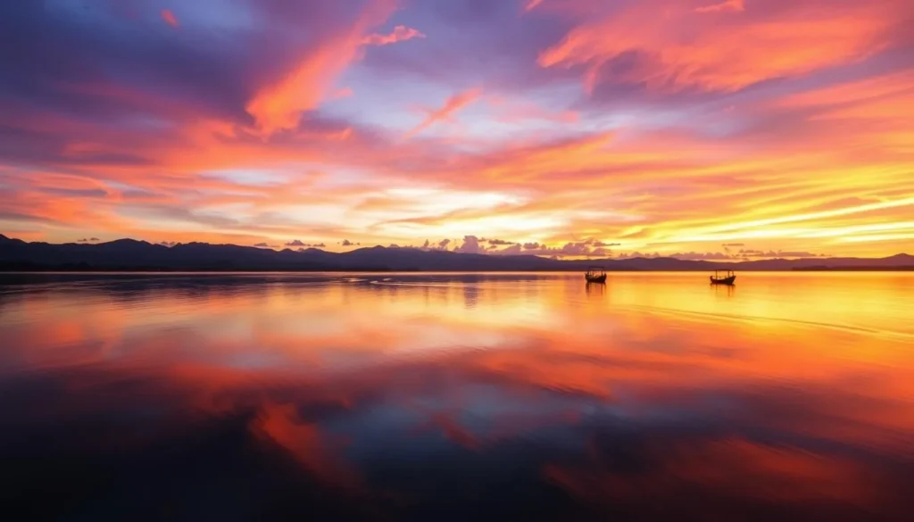 Sunset over Lake Paniai with colorful sky reflecting on the calm water surface