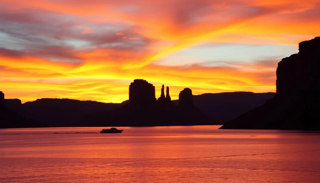 Sunset over Lake Powell with silhouettes of rock formations and a boat on the water