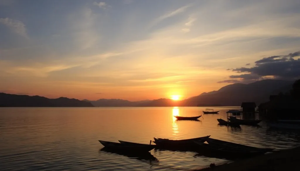 Sunset over Lake Sentani with silhouettes of traditional houses on stilts and boats
